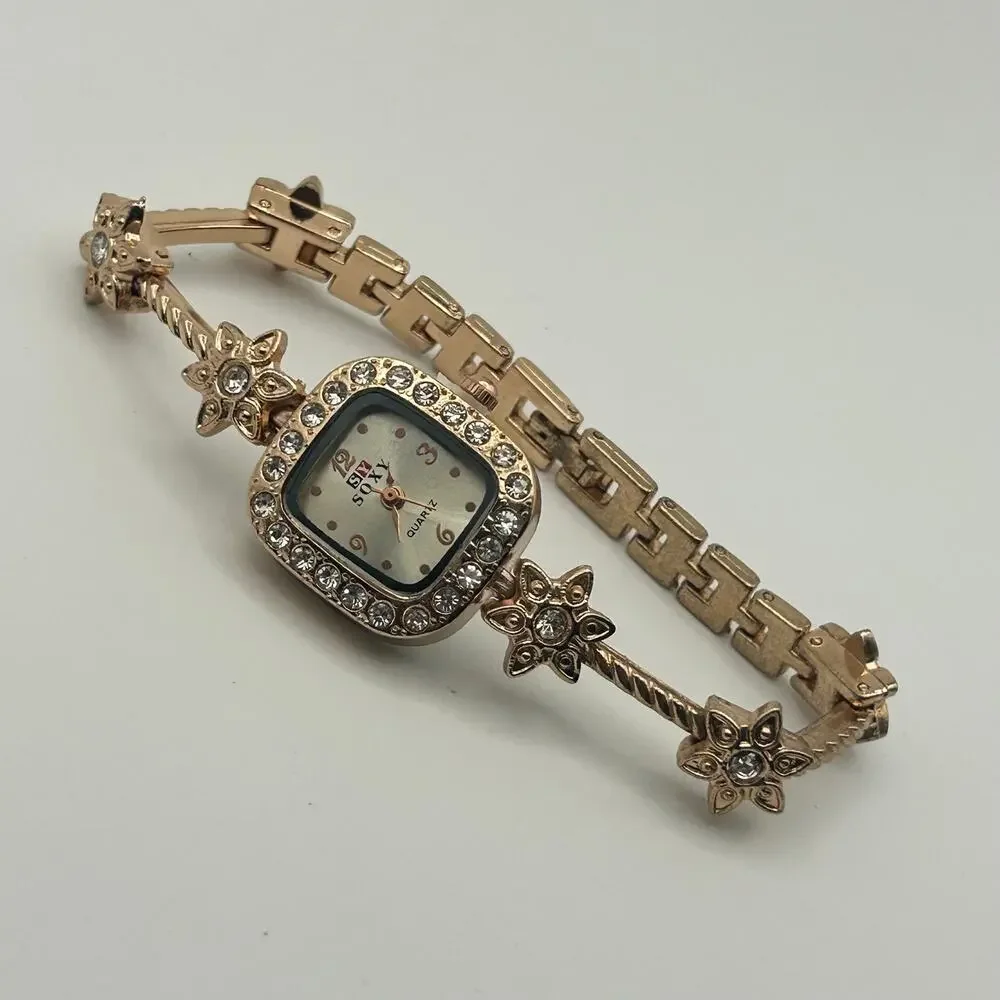 Soxy Rose Gold Square Dial Crystals on Bezel Floral Accents Women Fashion Watch